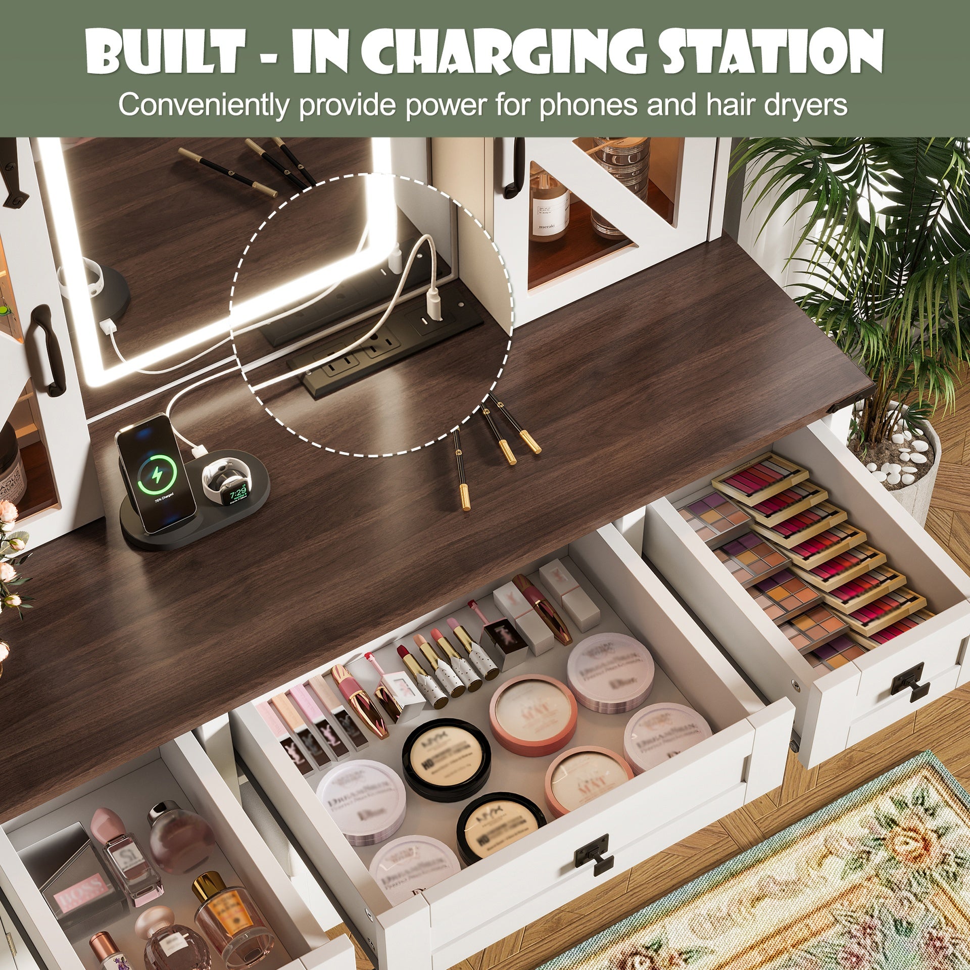 43.3 inch  Farmhouse Makeup Vanity Desk with Lighted Mirror, Vanity Table Set with Charging Station, Dressing Table with Sliding Barn Door Hidden Shelves & 3 Drawers & 4 Cabinets, Beige