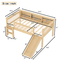 Twin Loft Bed with Storage Shelves, Solid Wood Lower Loft Bed with LED Lights and Full-length Guardrails, No Box Spring Needed,  Natural