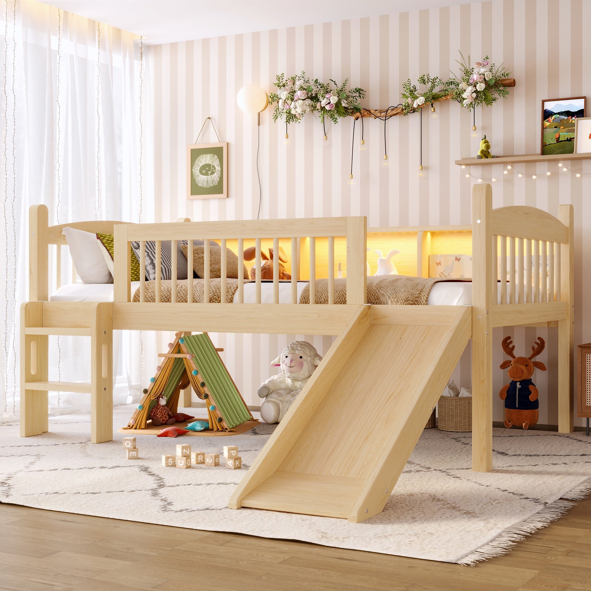 Twin Loft Bed with Storage Shelves, Solid Wood Lower Loft Bed with LED Lights and Full-length Guardrails, No Box Spring Needed,  Natural