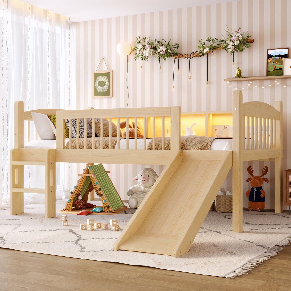 Twin Loft Bed with Storage Shelves, Solid Wood Lower Loft Bed with LED Lights and Full-length Guardrails, No Box Spring Needed,  Natural