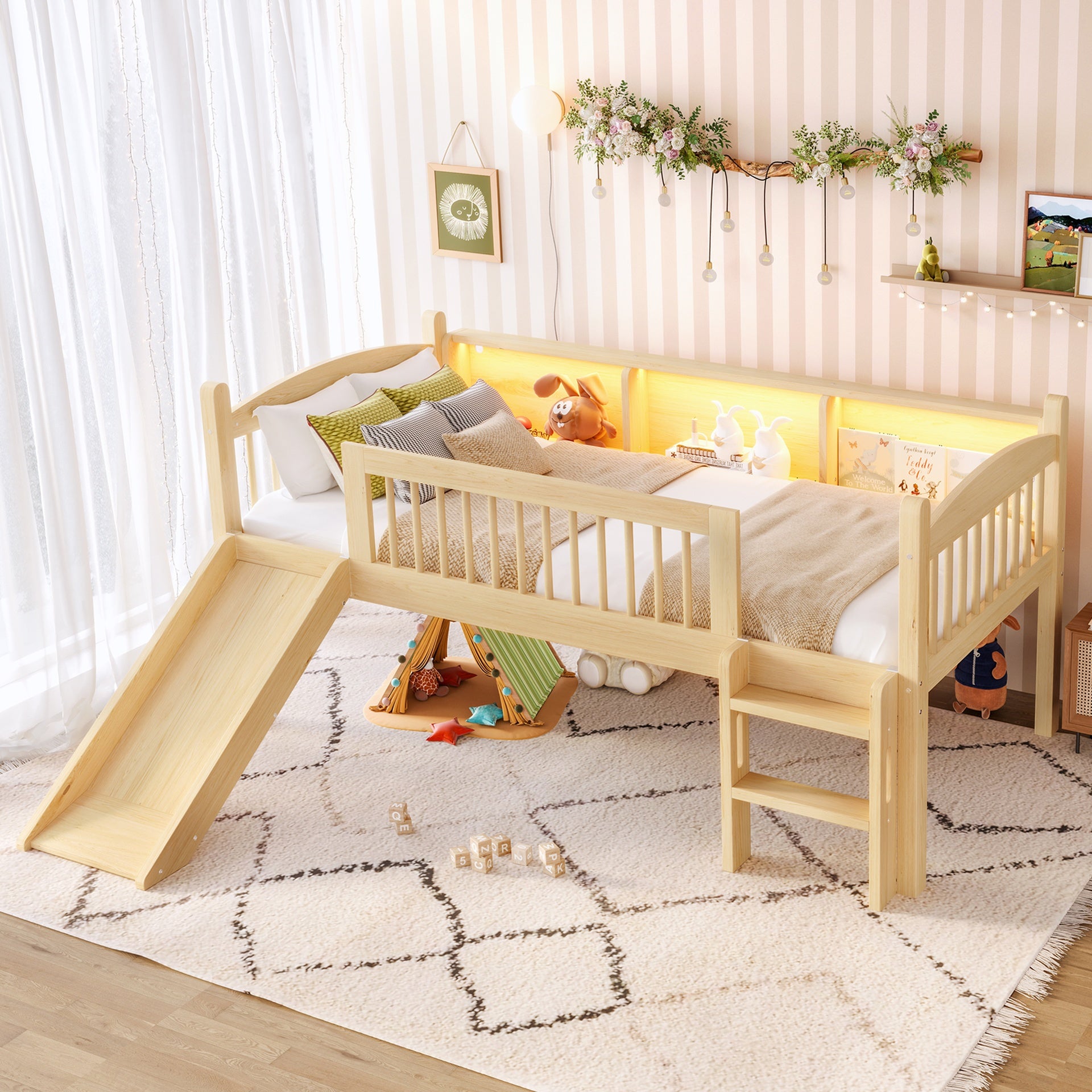 Twin Loft Bed with Storage Shelves, Solid Wood Lower Loft Bed with LED Lights and Full-length Guardrails, No Box Spring Needed,  Natural
