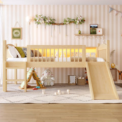 Twin Loft Bed with Storage Shelves, Solid Wood Lower Loft Bed with LED Lights and Full-length Guardrails, No Box Spring Needed,  Natural