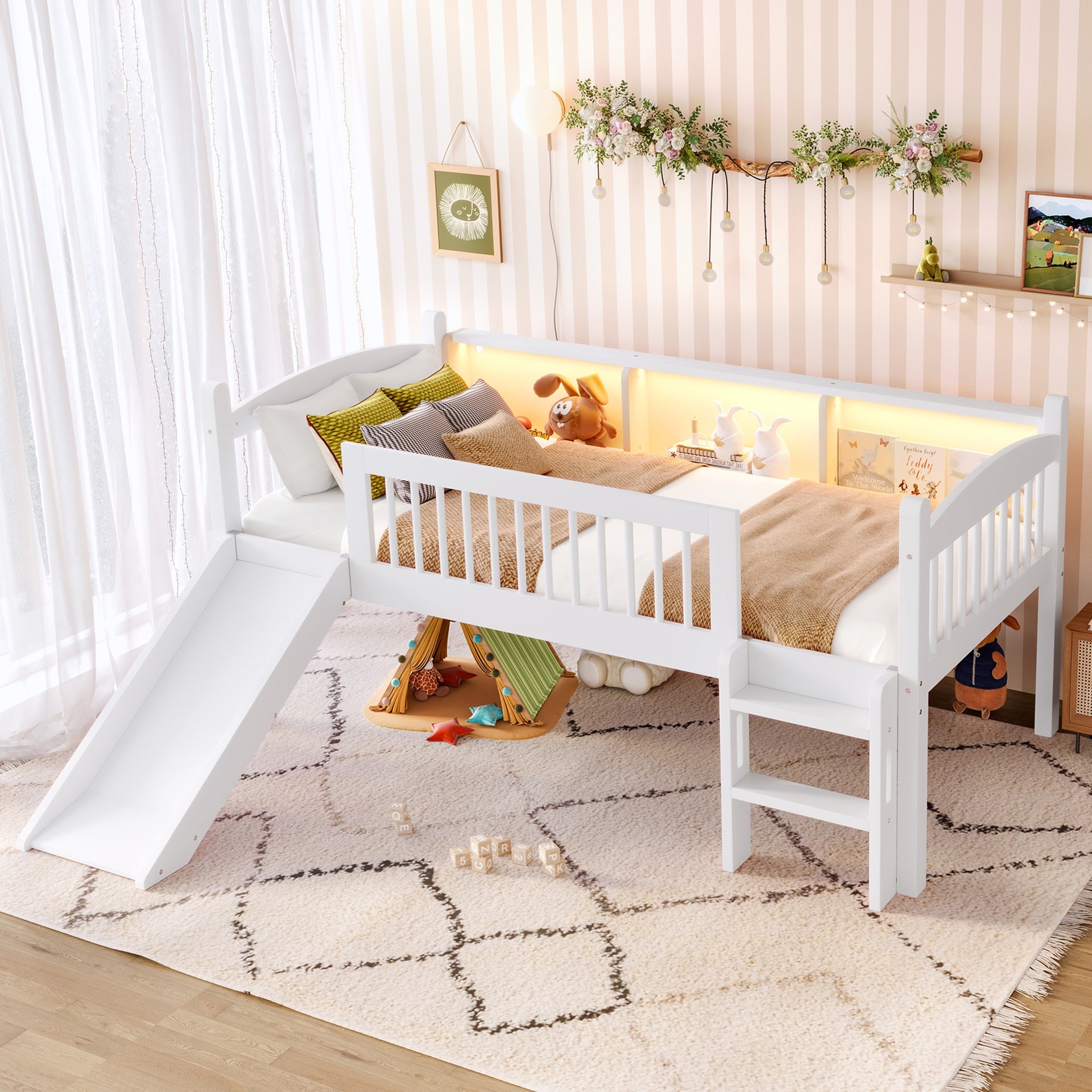 Twin Loft Bed with Storage Shelves, Solid Wood Lower Loft Bed with LED Lights and Full-length Guardrails, No Box Spring Needed, White
