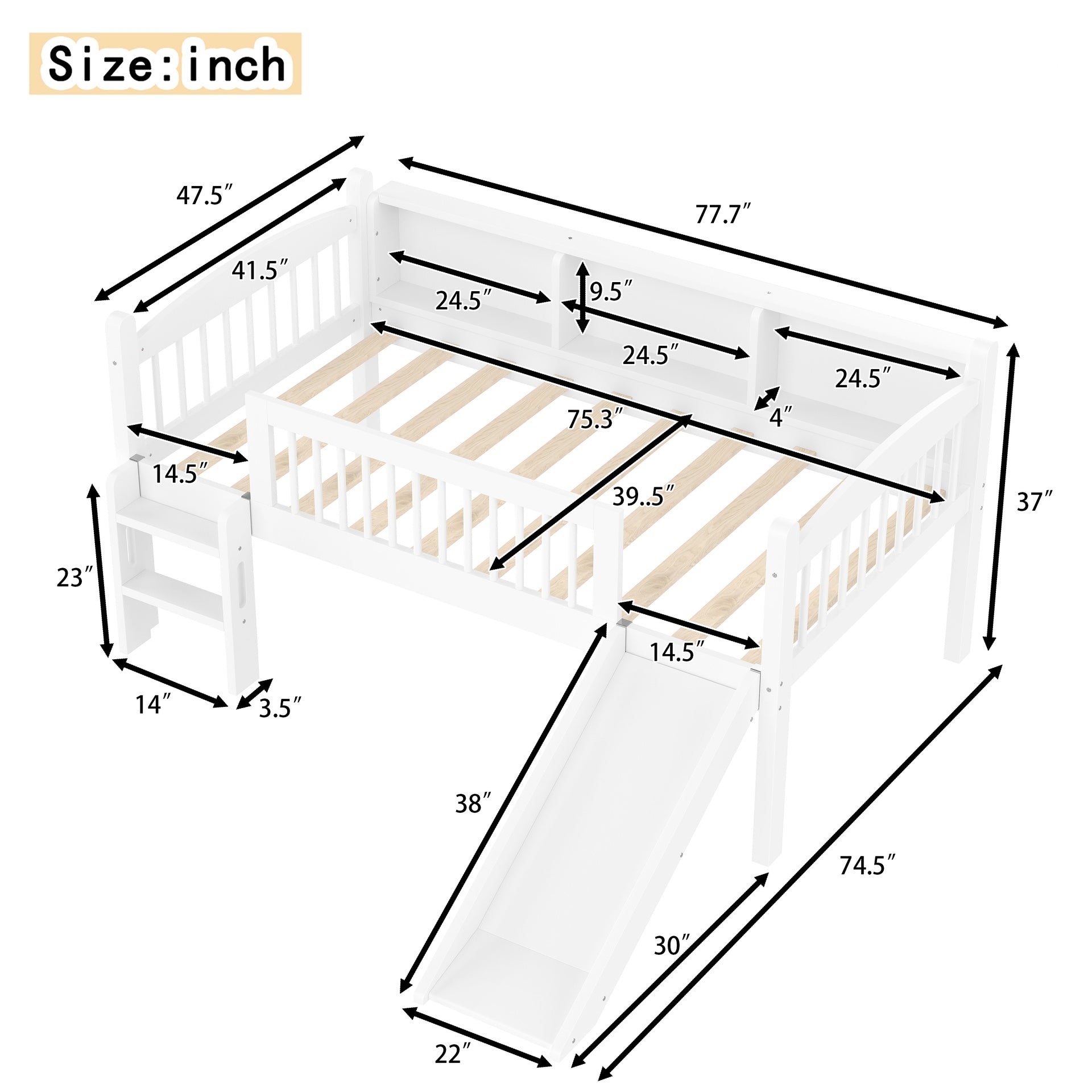 Twin Loft Bed with Storage Shelves, Solid Wood Lower Loft Bed with LED Lights and Full-length Guardrails, No Box Spring Needed, White