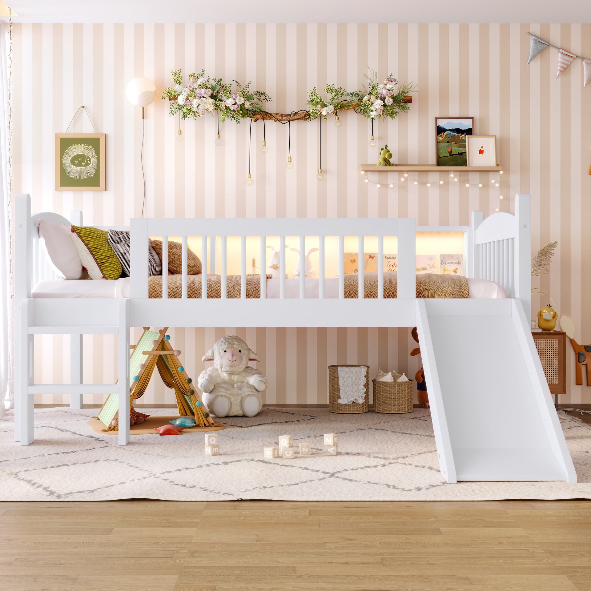 Twin Loft Bed with Storage Shelves, Solid Wood Lower Loft Bed with LED Lights and Full-length Guardrails, No Box Spring Needed, White