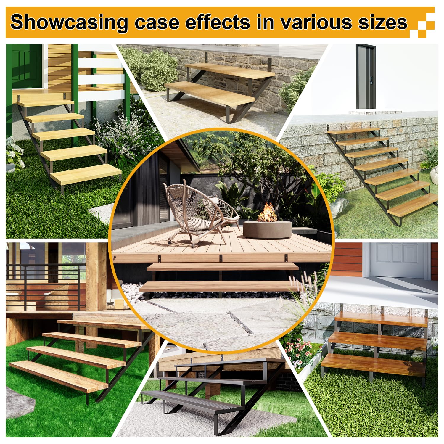 Steel Stair Riser 6 Step Stair Stringer for Deck Height 50in,Powder Coated Black,MAX Load Capacity:500lbs,2pcs