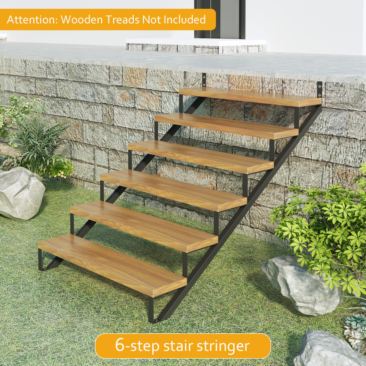 Steel Stair Riser 6 Step Stair Stringer for Deck Height 50in,Powder Coated Black,MAX Load Capacity:500lbs,2pcs