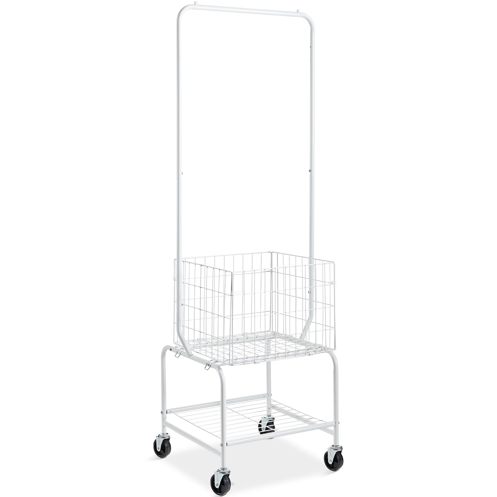 Metal Rolling Laundry Basket with Hanging Garment Rack, Height Adjustment Laundry Hamper Cart with Basket Load and Shelf Load, Storage Organizer with Heavy Duty Lockable Wheels