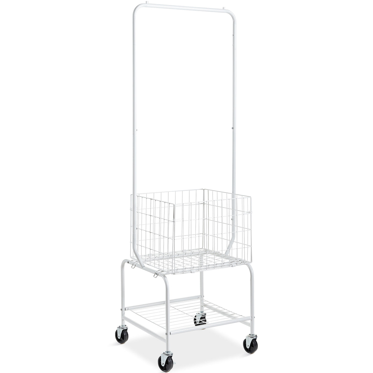 Metal Rolling Laundry Basket with Hanging Garment Rack, Height Adjustment Laundry Hamper Cart with Basket Load and Shelf Load, Storage Organizer with Heavy Duty Lockable Wheels