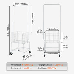 Metal Rolling Laundry Basket with Hanging Garment Rack, Height Adjustment Laundry Hamper Cart with Basket Load and Shelf Load, Storage Organizer with Heavy Duty Lockable Wheels