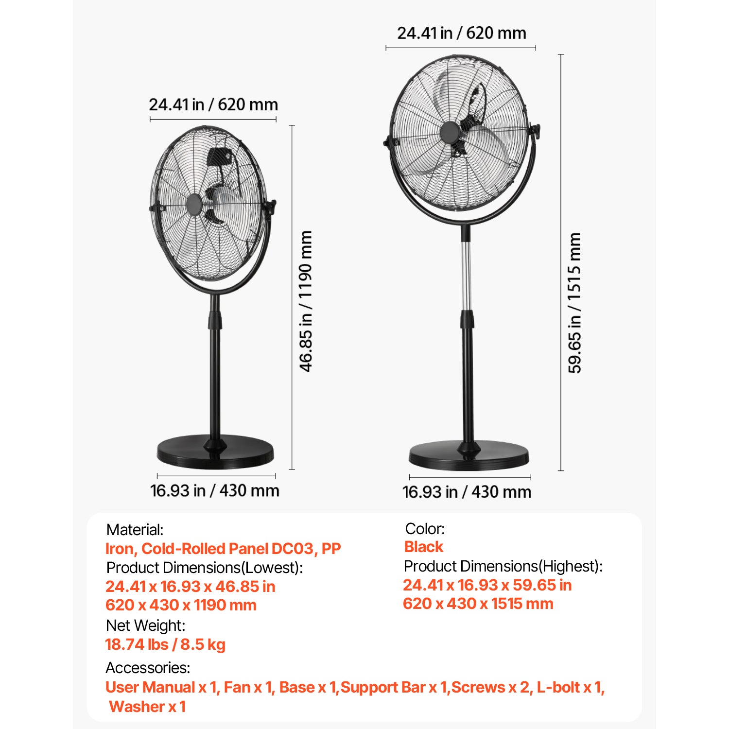 20" Industrial Pedestal Fan 3-Speed Fan 46.9 to 59.6 Inch Height Adjustable
