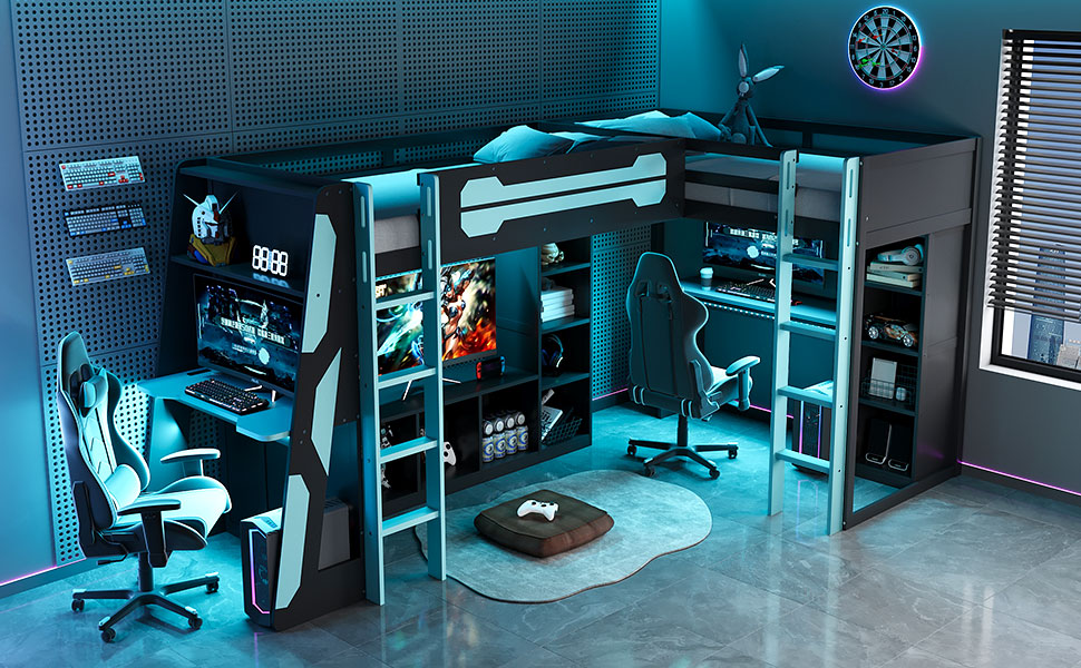 L-Shaped Wooden twin Size Gaming Bed Frame with RGB LED Lights, Dual twin Beds, USB Ports, TV Stand & Storage Shelves, Reversible Layout, Space-Saving Wood Loft Bed for Teens & Adults-Blue