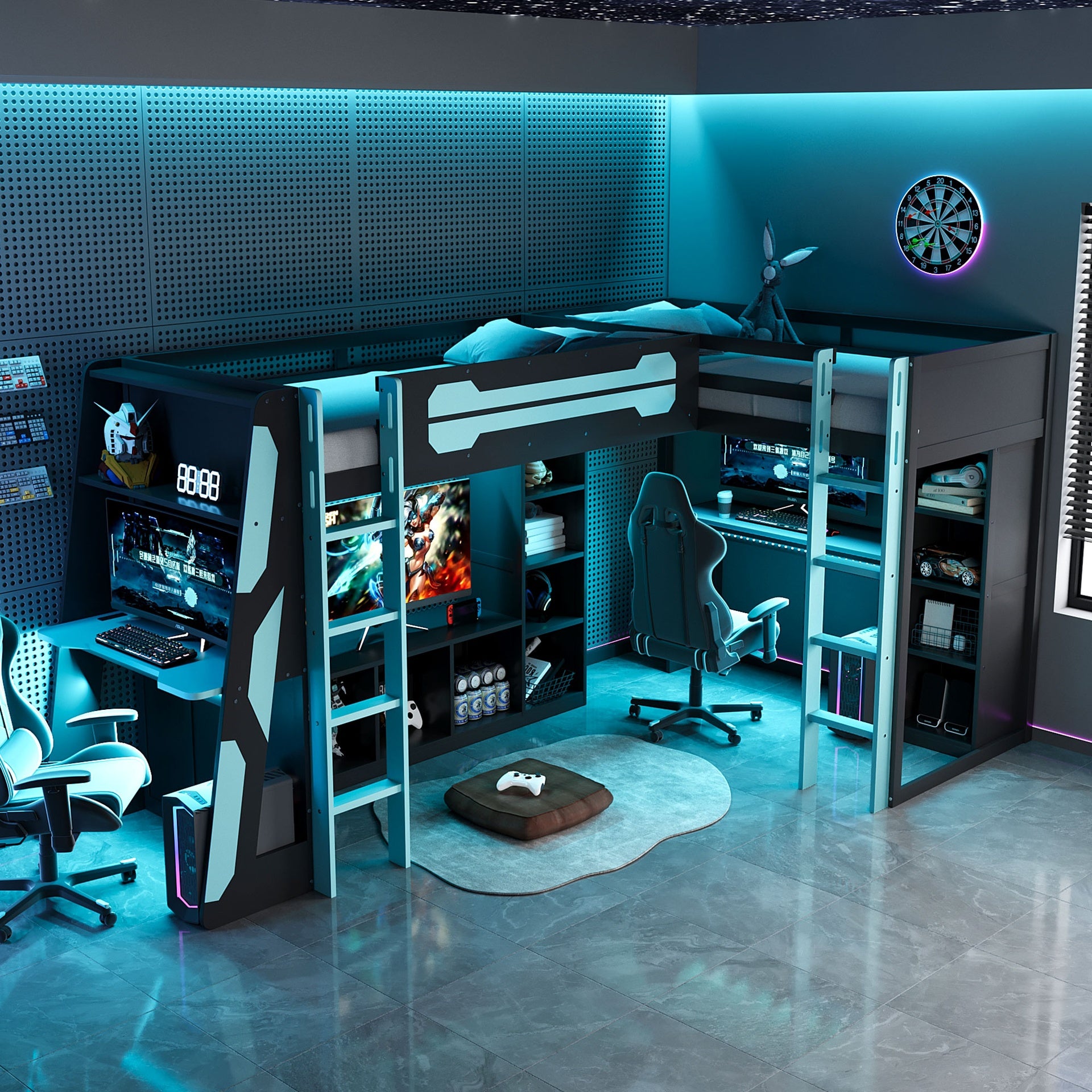 L-Shaped Wooden twin Size Gaming Bed Frame with RGB LED Lights, Dual twin Beds, USB Ports, TV Stand & Storage Shelves, Reversible Layout, Space-Saving Wood Loft Bed for Teens & Adults-Blue
