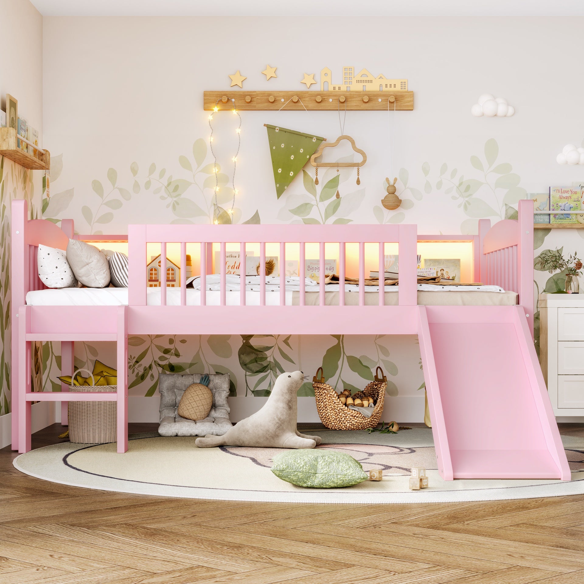 Twin XL Loft Bed with Storage Shelves, Solid Wood Lower Loft Bed with LED Lights and Full-length Guardrails, No Box Spring Needed, Pink