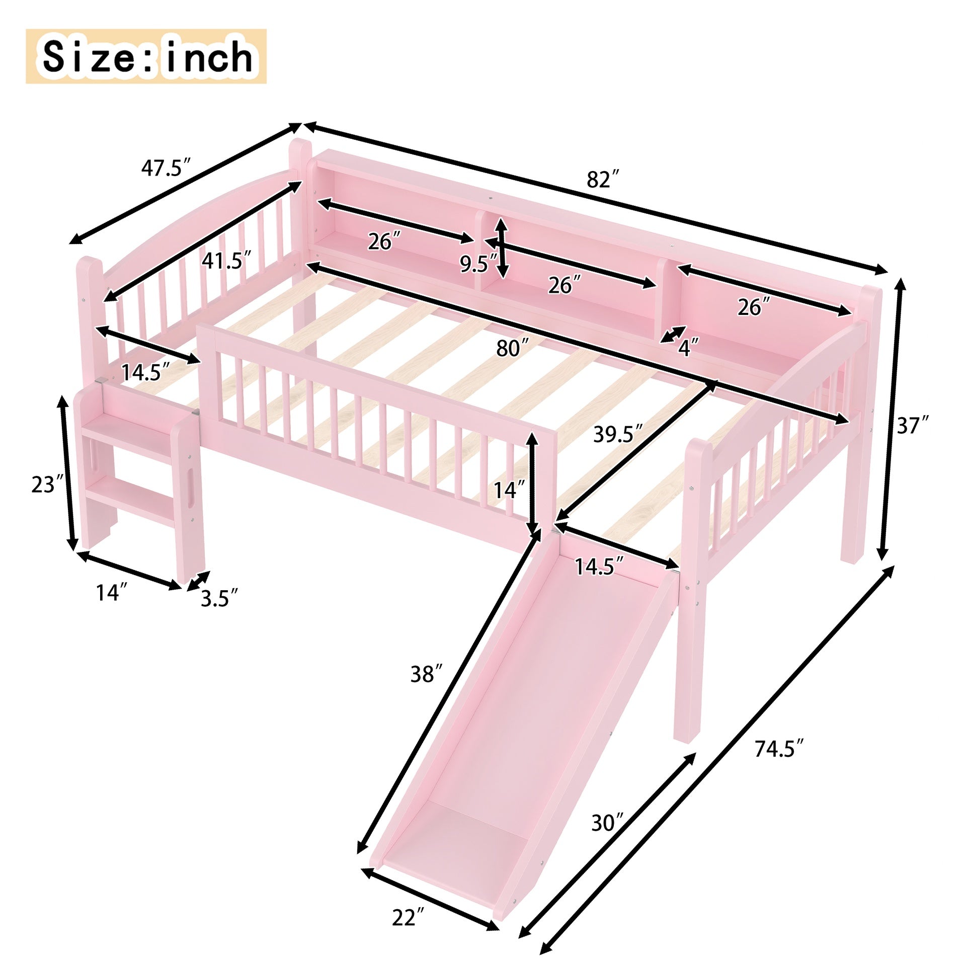 Twin XL Loft Bed with Storage Shelves, Solid Wood Lower Loft Bed with LED Lights and Full-length Guardrails, No Box Spring Needed, Pink
