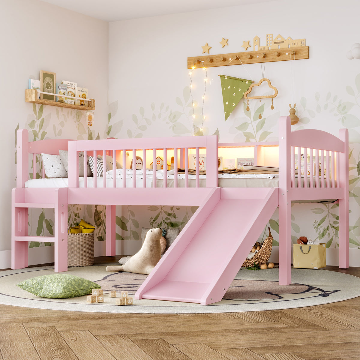 Twin XL Loft Bed with Storage Shelves, Solid Wood Lower Loft Bed with LED Lights and Full-length Guardrails, No Box Spring Needed, Pink