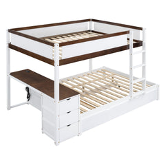Full-Over-Full Bunk Bed with Twin size Trundle, Storage and Desk, White+Walnut