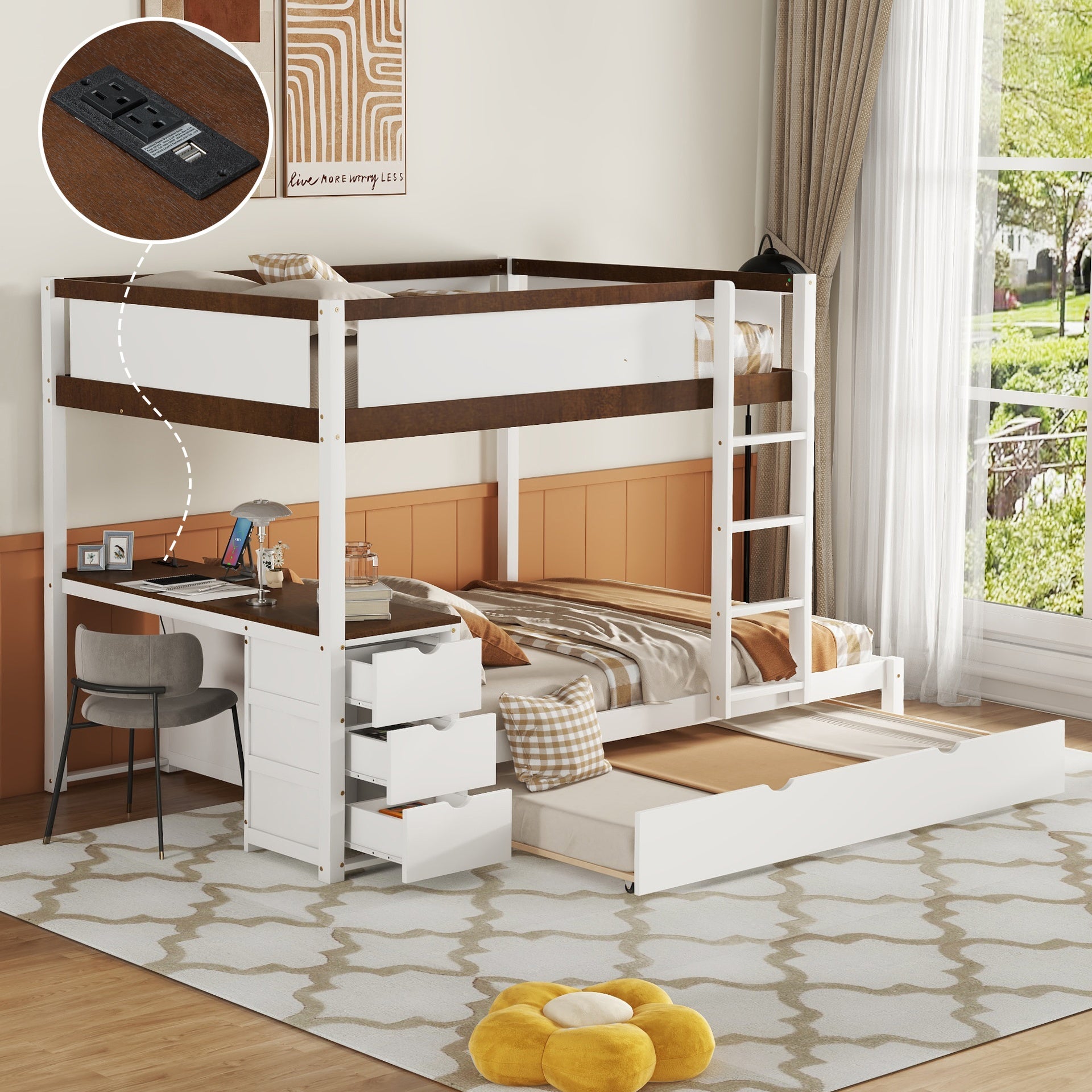 Full-Over-Full Bunk Bed with Twin size Trundle, Storage and Desk, White+Walnut