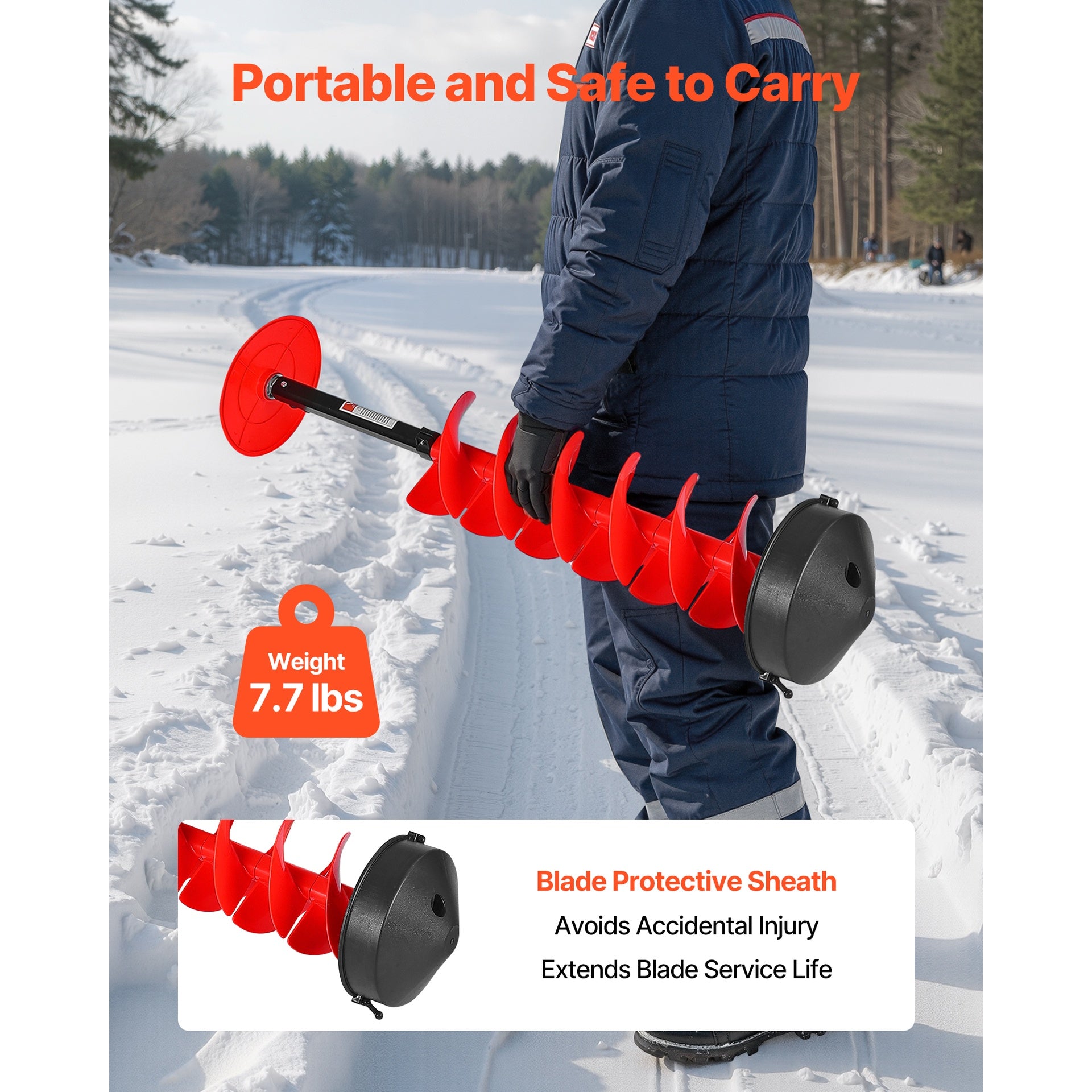 Ice Auger Drill Bit, 8in Diameter 41in Length, Cordless Nylon Ice Fishing Augers With Extra 13.4in Extension Rod, Drill Adapter, Top Plate and Blade Guard