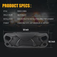 Halloween Front Grille Grid Grill for 2007-2017 Jeep Wrangler Rubicon Sahara Sport JK/JKU, Matte Black