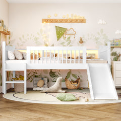 Twin XL Loft Bed with Storage Shelves, Solid Wood Lower Loft Bed with LED Lights and Full-length Guardrails, No Box Spring Needed, White