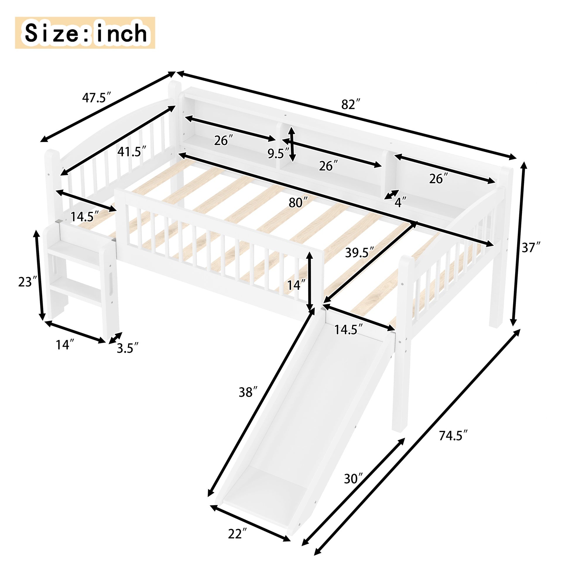 Twin XL Loft Bed with Storage Shelves, Solid Wood Lower Loft Bed with LED Lights and Full-length Guardrails, No Box Spring Needed, White