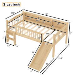 Twin XL Loft Bed with Storage Shelves, Solid Wood Lower Loft Bed with LED Lights and Full-length Guardrails, No Box Spring Needed,  Natural