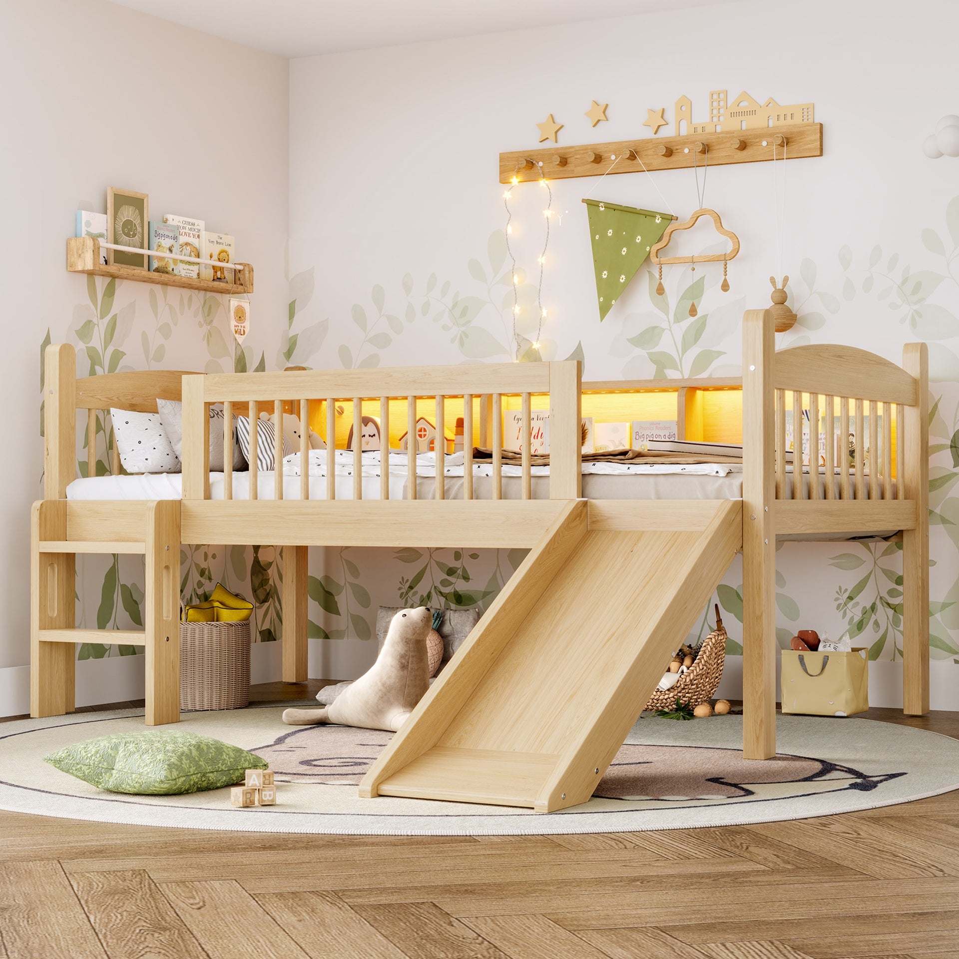 Twin XL Loft Bed with Storage Shelves, Solid Wood Lower Loft Bed with LED Lights and Full-length Guardrails, No Box Spring Needed,  Natural