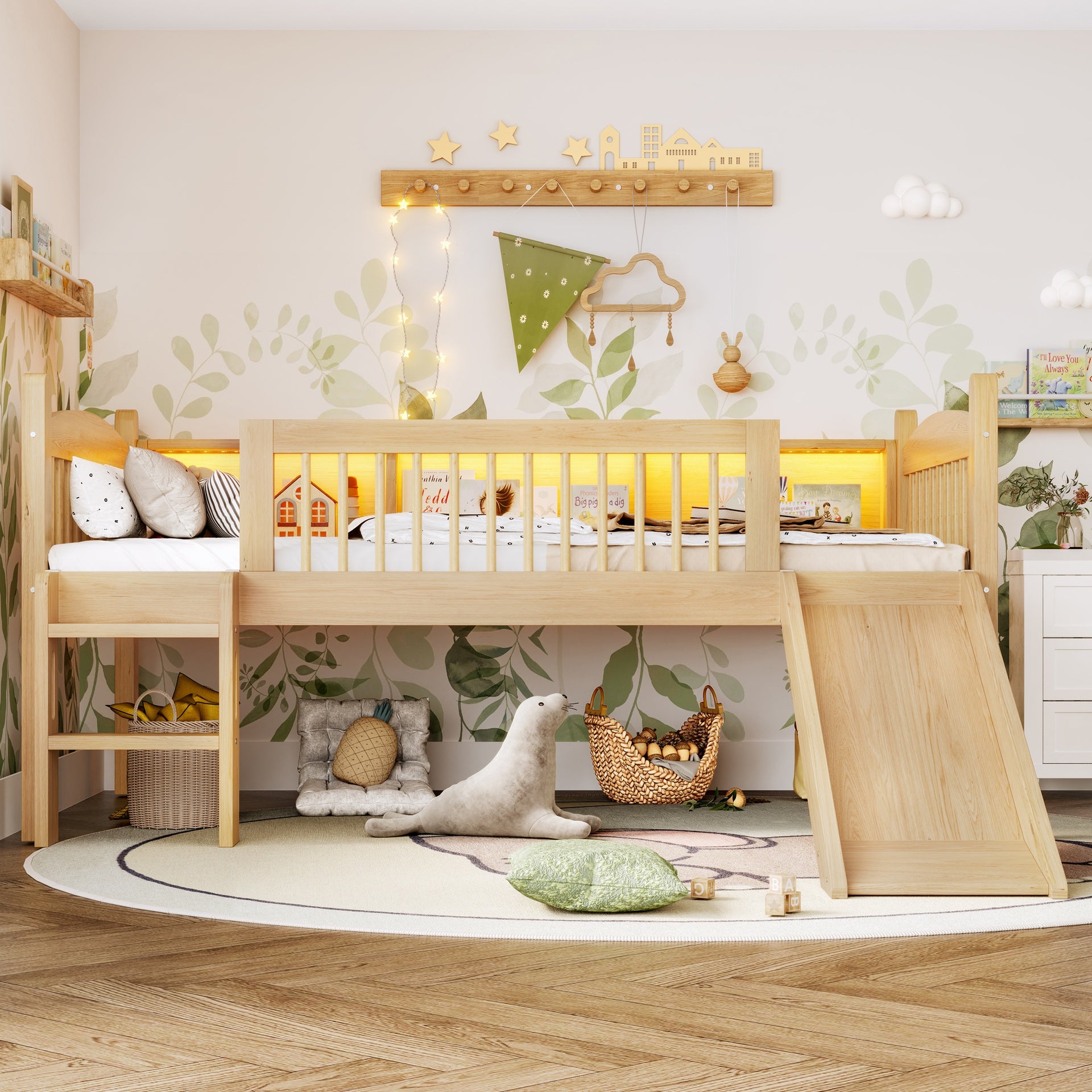 Twin XL Loft Bed with Storage Shelves, Solid Wood Lower Loft Bed with LED Lights and Full-length Guardrails, No Box Spring Needed,  Natural