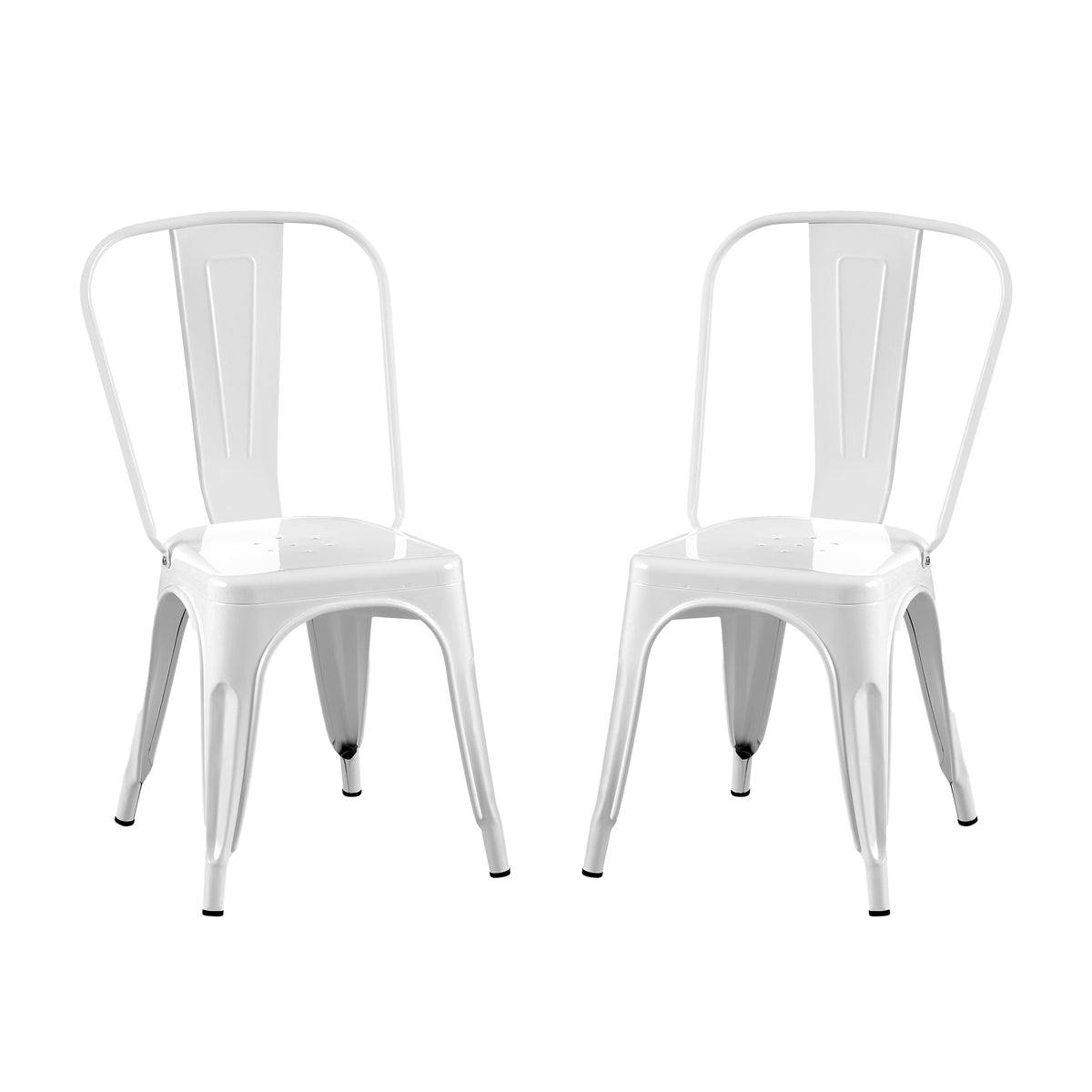Set of 2 High Gloss White Industrial Metal Dining Chairs 18 Inch Seat Height Stackable Indoor Outdoor, Lightweight Easy-Clean Surface, Easy Assembly, Durable Modern Design, For Kitchen Cafe Bar