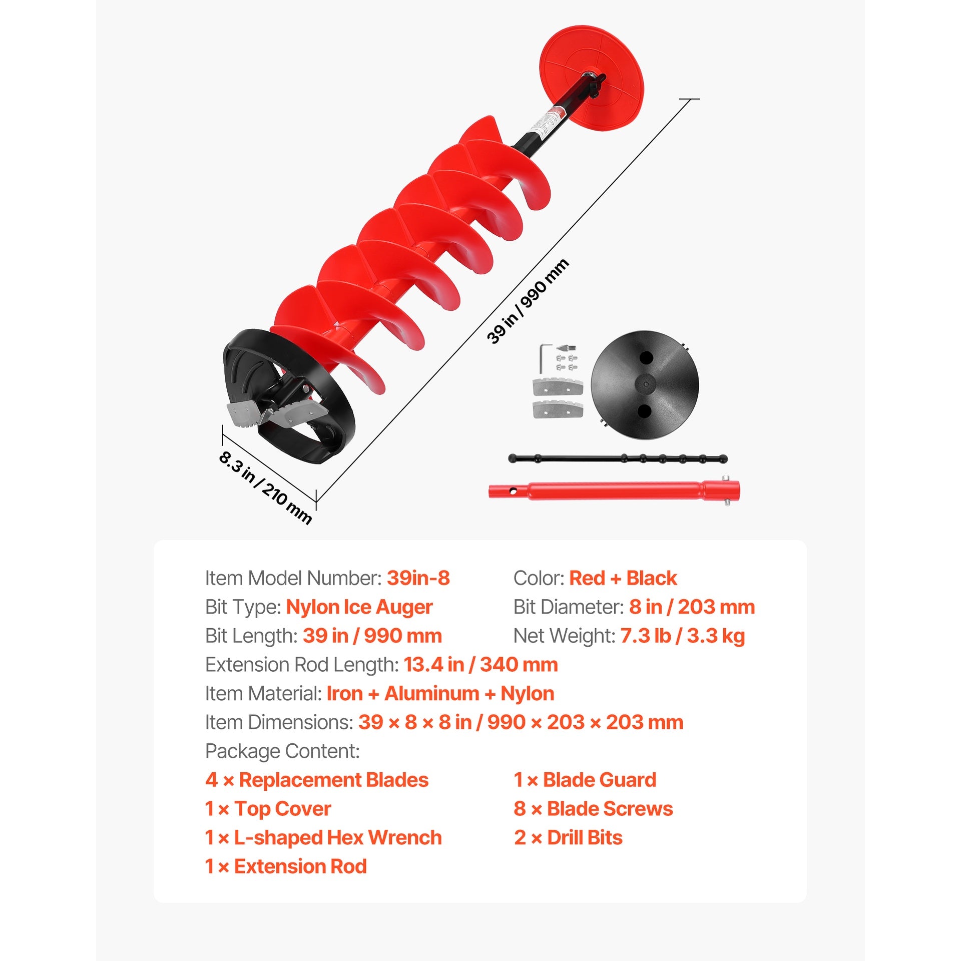 Ice Auger Drill Bit, 8in Diameter 39in Length, Cordless Nylon Ice Fishing Augers With Extra 13.4in Extension Rod, Drill Adapter, Top Plate and Blade Guard