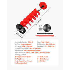 Ice Auger Drill Bit, 8in Diameter 39in Length, Cordless Nylon Ice Fishing Augers With Extra 13.4in Extension Rod, Drill Adapter, Top Plate and Blade Guard