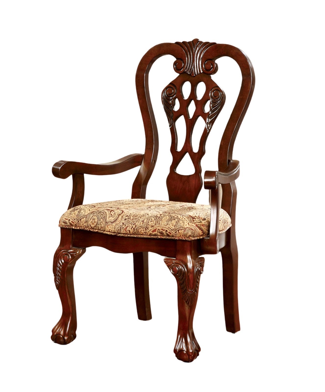Formal Classic Set of 2pc Arm Chairs Dining Room Cherry Solid wood Damask Print Fabric Seat Intricate Back Ball & Claw Feet