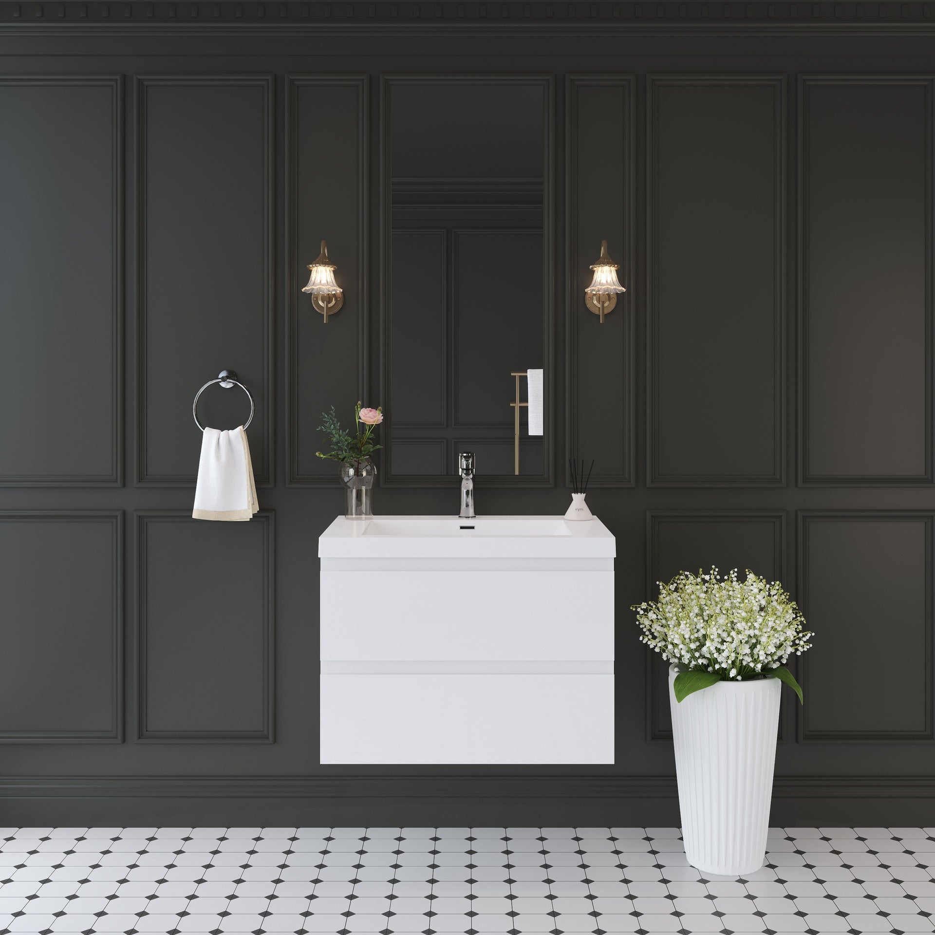 30" Floating Bathroom Vanity with Sink, Wall-Mounted Storage Cabinet with Solid Surface Top Basin and Soft Close Drawers Fully Assembled, Glossy White 24V11-30GW-W1920P385479