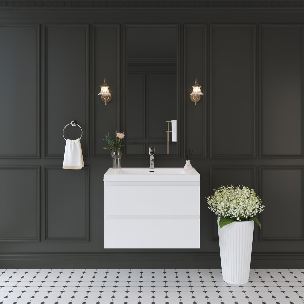 30" Floating Bathroom Vanity with Sink, Wall-Mounted Storage Cabinet with Solid Surface Top Basin and Soft Close Drawers Fully Assembled, Glossy White 24V11-30GW-W1920P385479