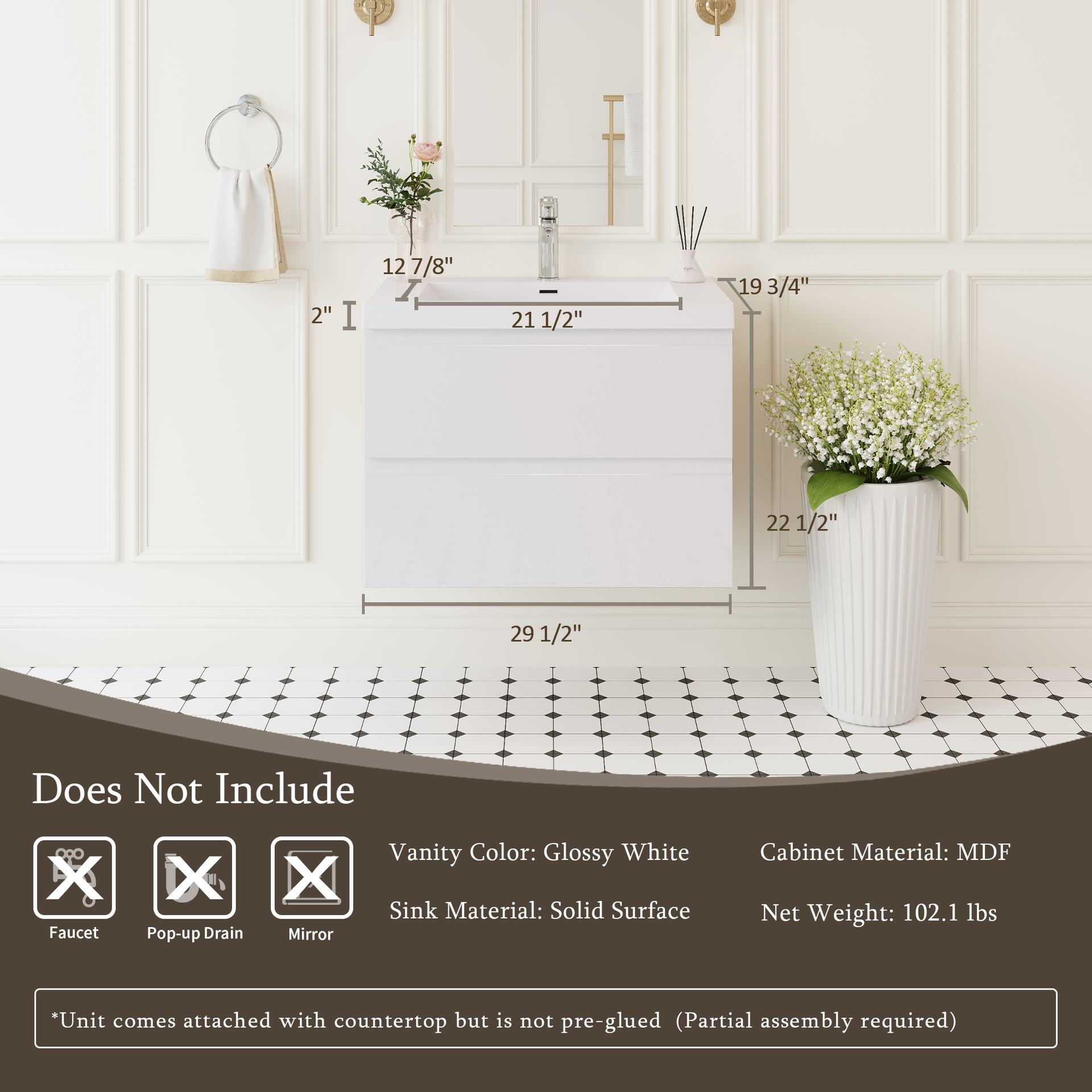 30" Floating Bathroom Vanity with Sink, Wall-Mounted Storage Cabinet with Solid Surface Top Basin and Soft Close Drawers Fully Assembled, Glossy White 24V11-30GW-W1920P385479