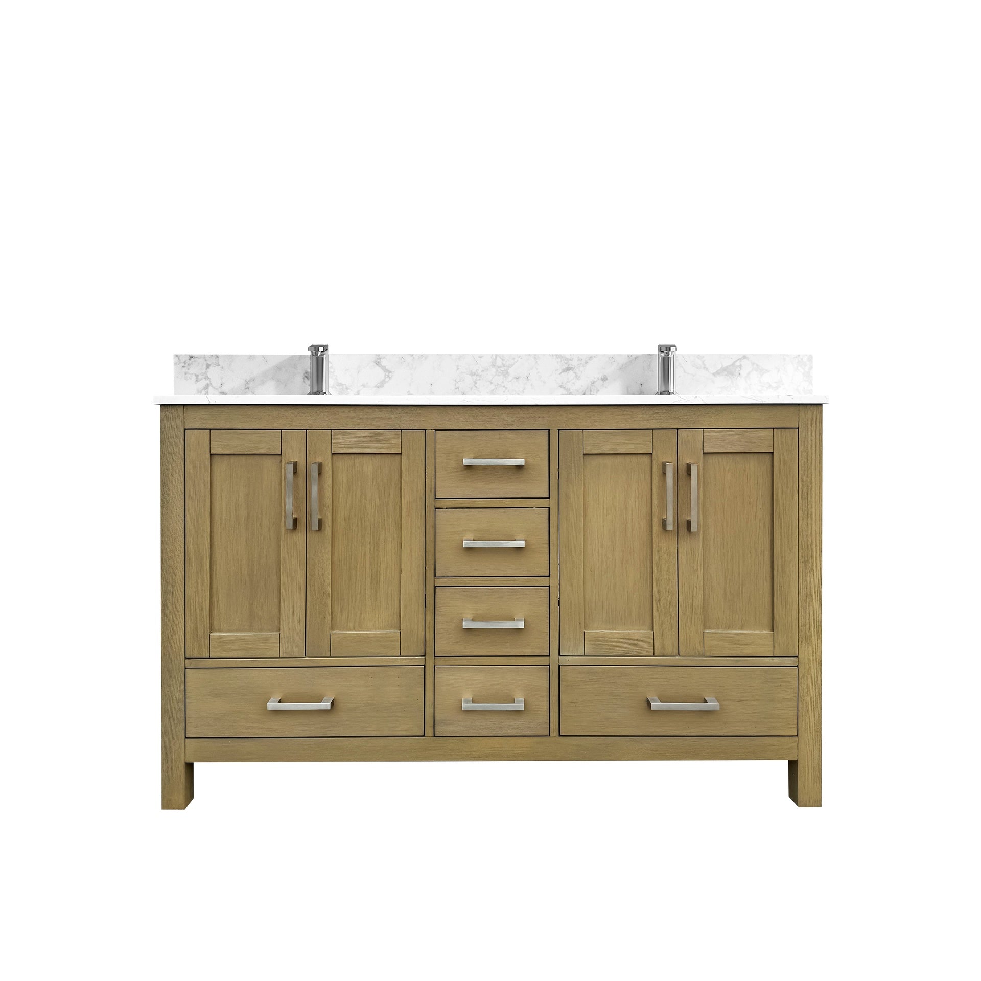 55" Bathroom Vanity with double basins Sink & Faucet Hole, Bathroom Storage Vanity Sink Cabinet with 4 Doors ＆ 6 Drawers in Oak