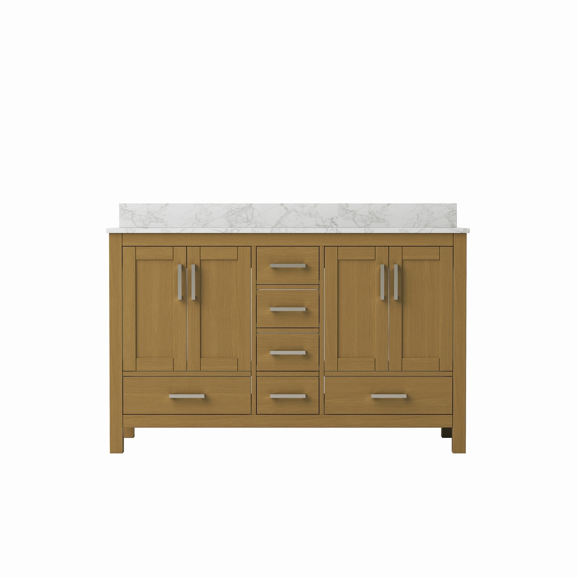 55" Bathroom Vanity with double basins Sink & Faucet Hole, Bathroom Storage Vanity Sink Cabinet with 4 Doors ＆ 6 Drawers in Oak