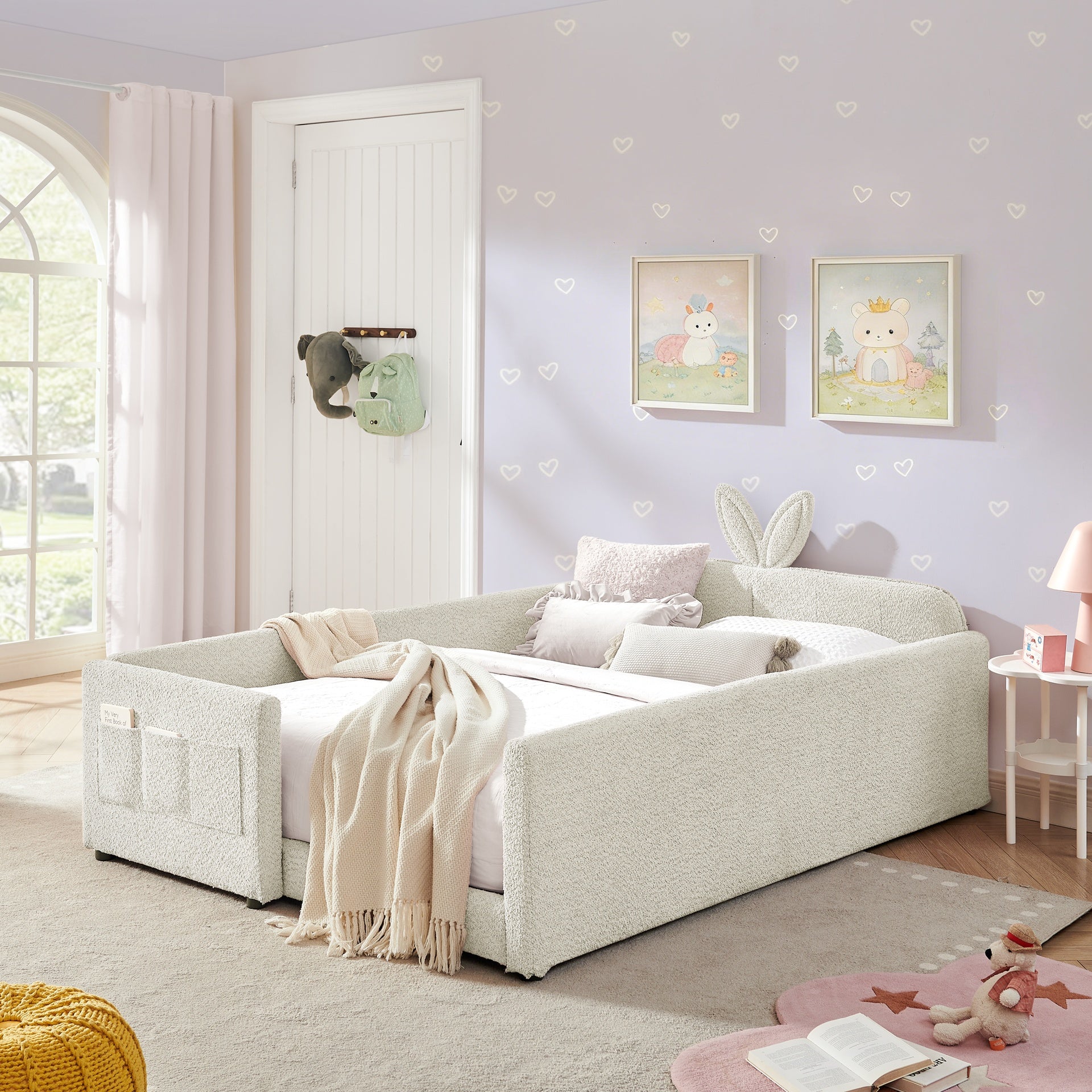 Full Size Upholstered Platform Bed with Cute Rabbit Ear Shaped Headboard, with Safety Rail and Pocket, Boucle Fabric, Beige