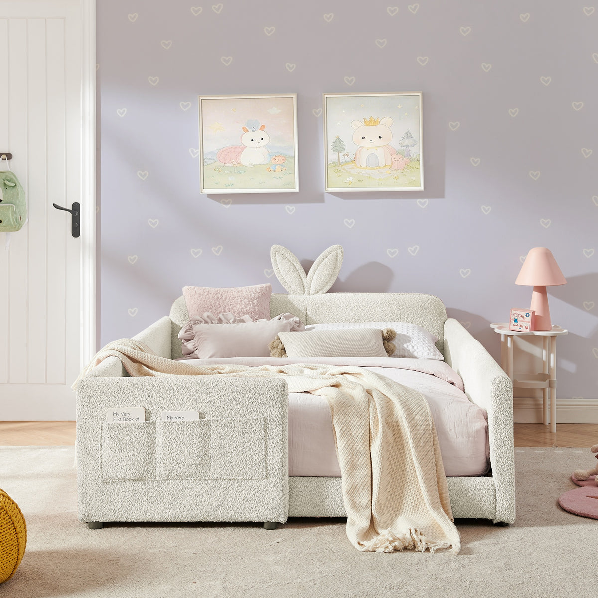 Full Size Upholstered Platform Bed with Cute Rabbit Ear Shaped Headboard, with Safety Rail and Pocket, Boucle Fabric, Beige