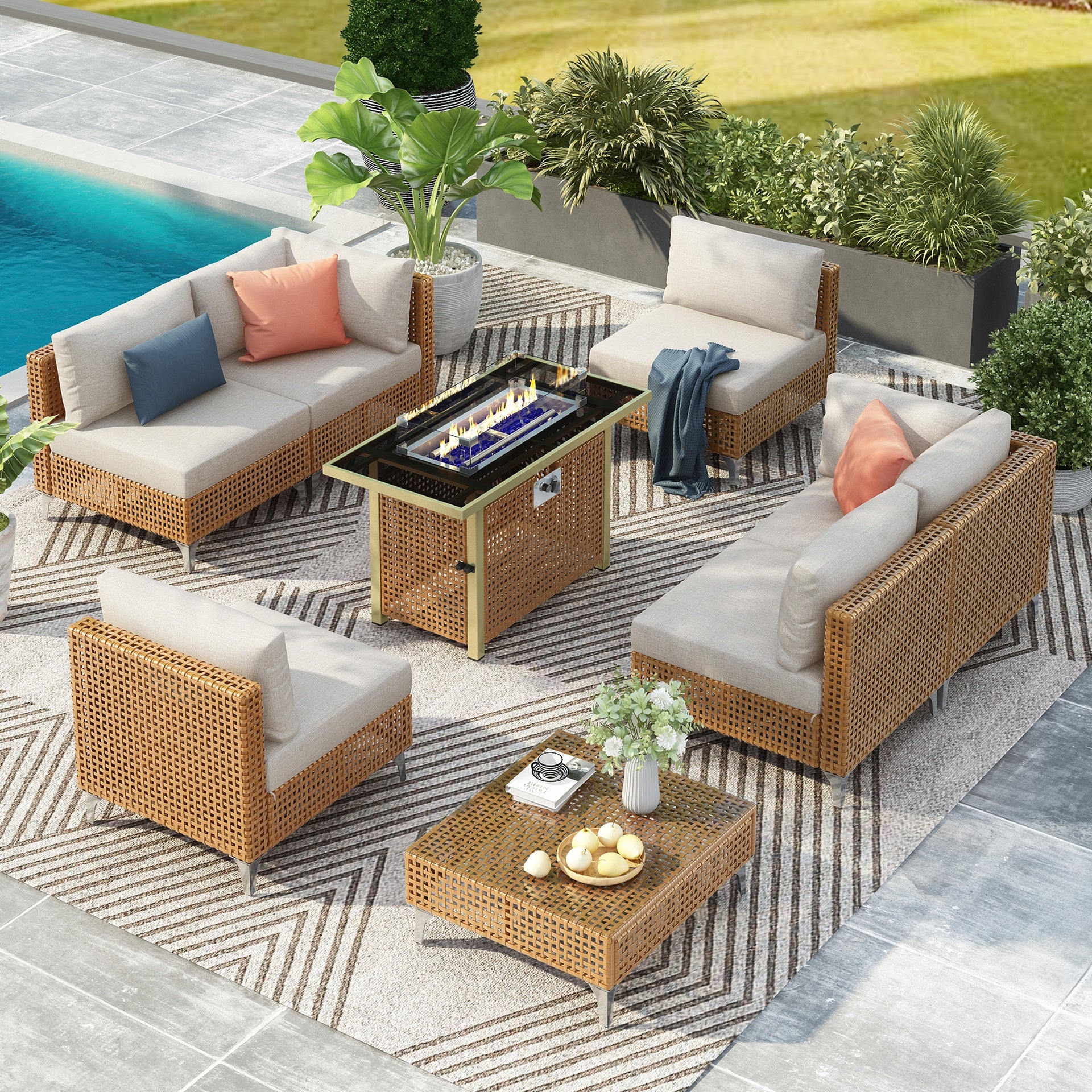 K&K patio 8-Piece Patio Furniture Set with 43" Fire Pit Table, Outdoor Conversation Set & 60,000 BTU 43 Inch Rectangle Propane Fire Pit with Water Resistant Beige Thick Cushions, Beige