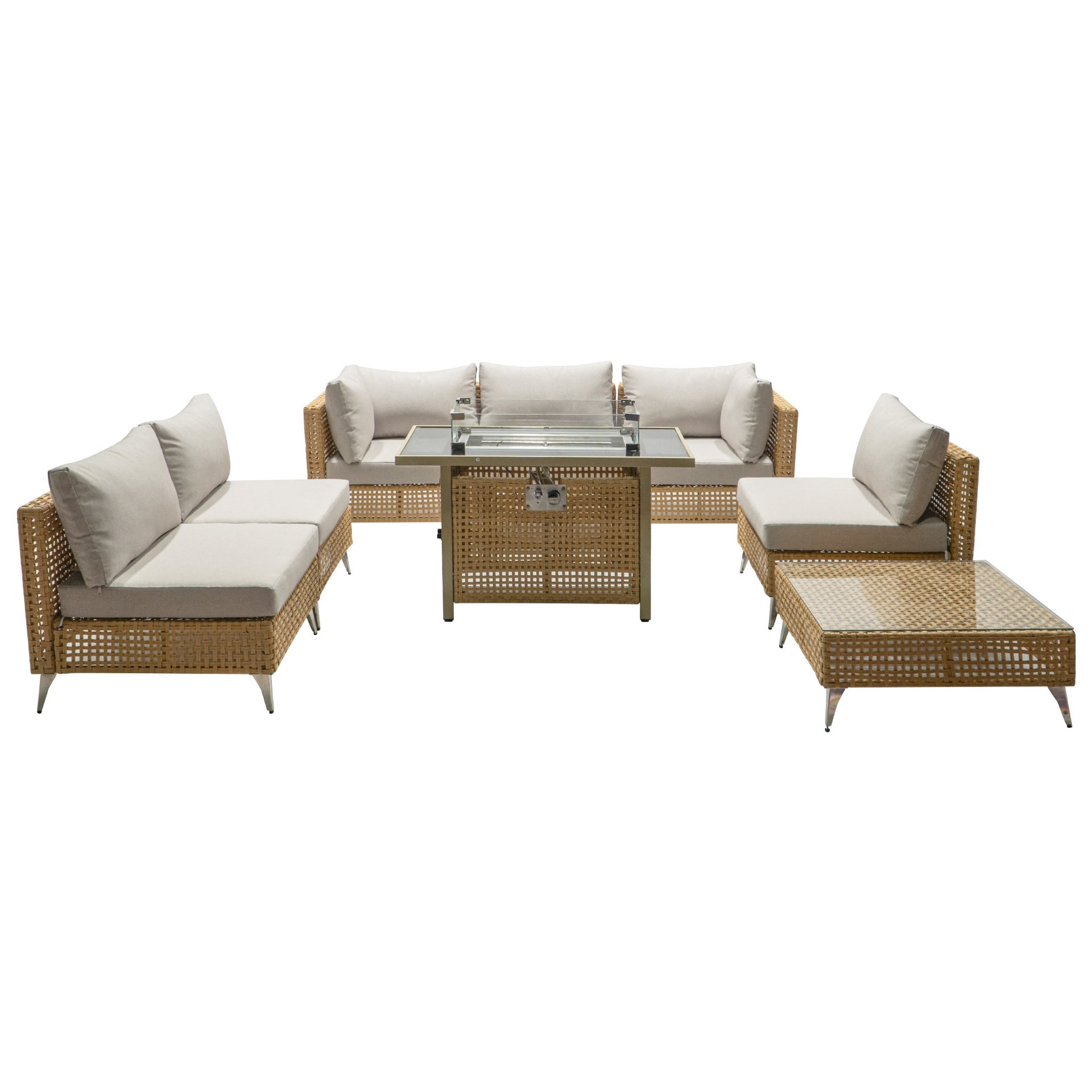 K&K patio 8-Piece Patio Furniture Set with 43" Fire Pit Table, Outdoor Conversation Set & 60,000 BTU 43 Inch Rectangle Propane Fire Pit with Water Resistant Beige Thick Cushions, Beige