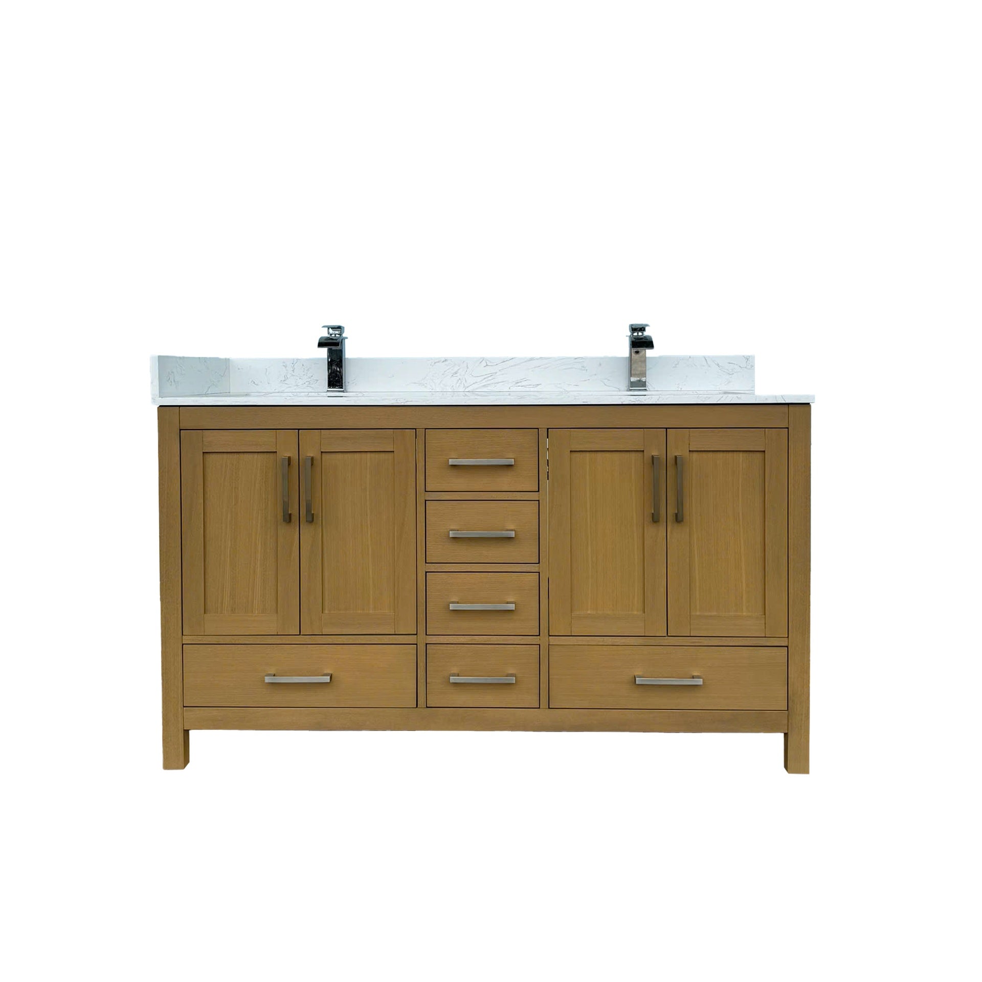 60" Bathroom Vanity with double basins Sink & Faucet Hole, Bathroom Storage Vanity Sink Cabinet with 4 Doors ＆ 6 Drawers in Desert Oak