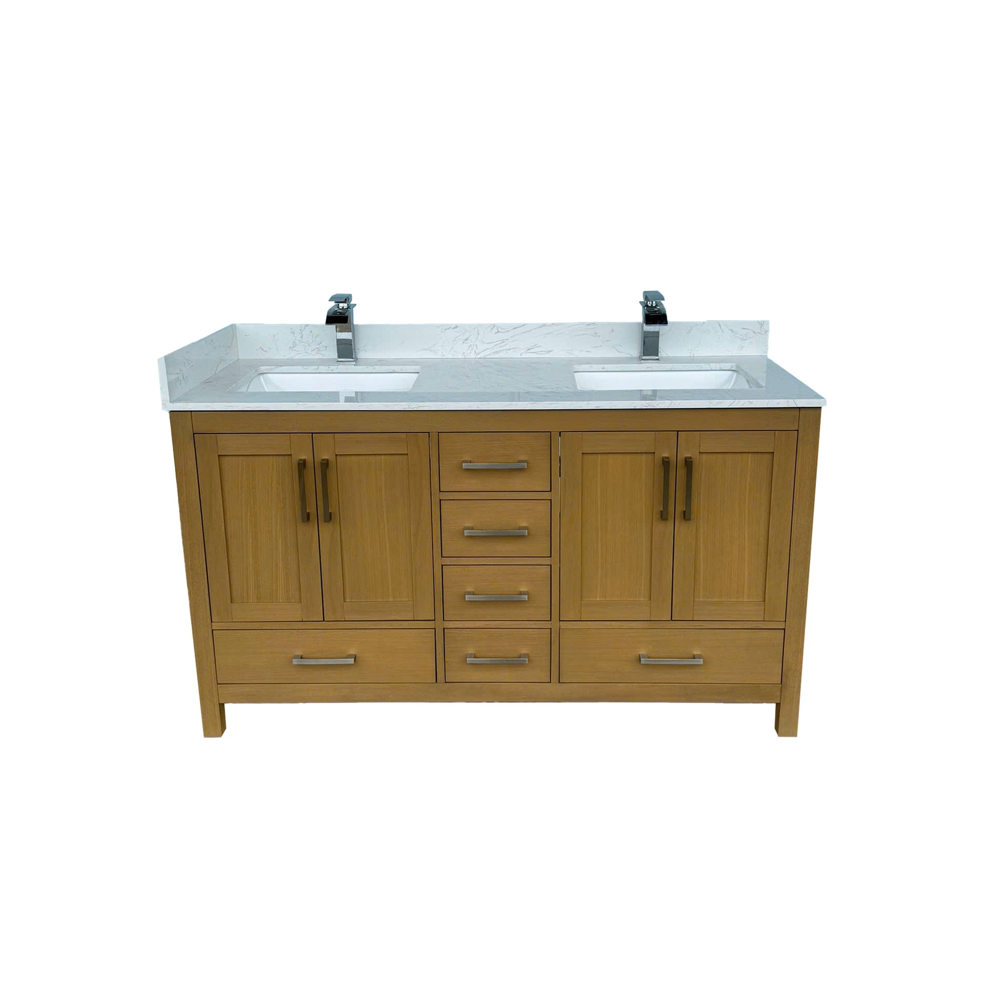 60" Bathroom Vanity with double basins Sink & Faucet Hole, Bathroom Storage Vanity Sink Cabinet with 4 Doors ＆ 6 Drawers in Desert Oak