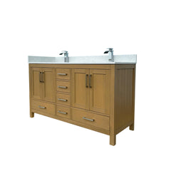 60" Bathroom Vanity with double basins Sink & Faucet Hole, Bathroom Storage Vanity Sink Cabinet with 4 Doors ＆ 6 Drawers in Desert Oak