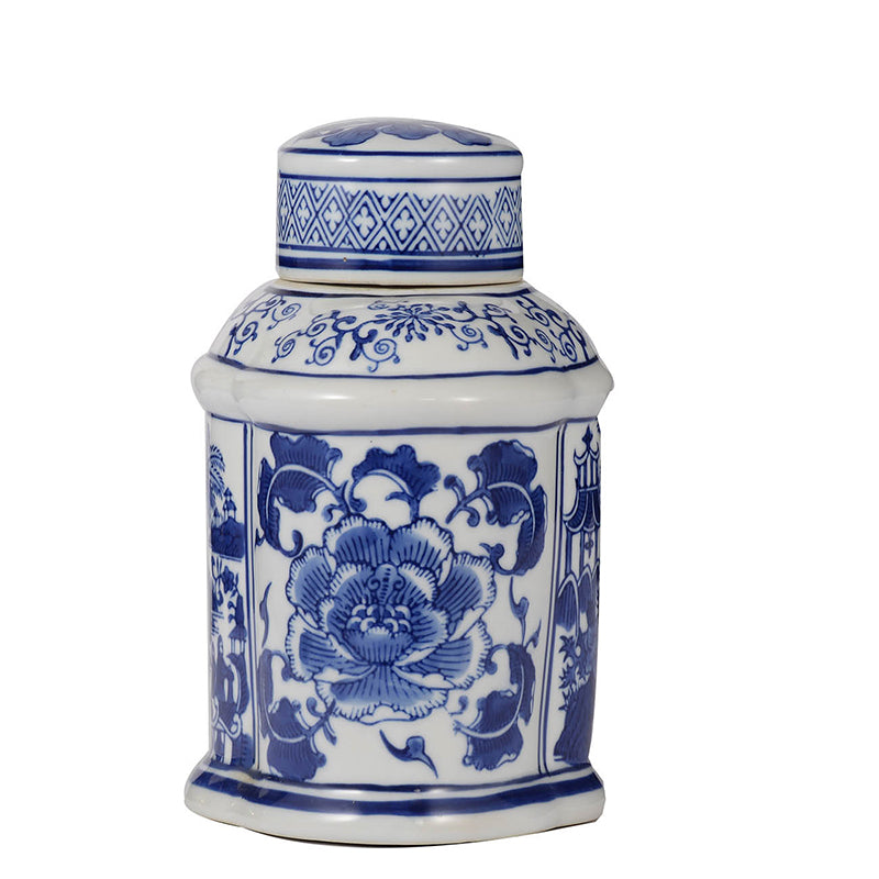 6.2x4.8x8" Ren Blue and White Oval Jar with Lid