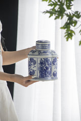 6.2x4.8x8" Ren Blue and White Oval Jar with Lid