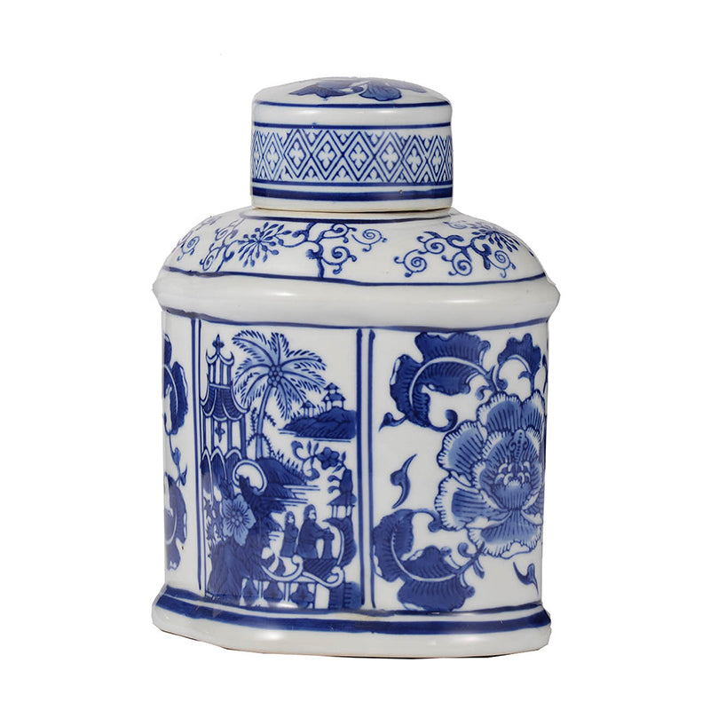 6.2x4.8x8" Ren Blue and White Oval Jar with Lid