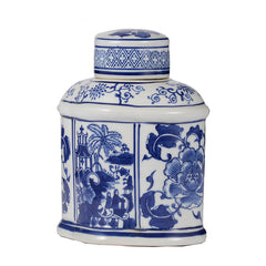 6.2x4.8x8" Ren Blue and White Oval Jar with Lid
