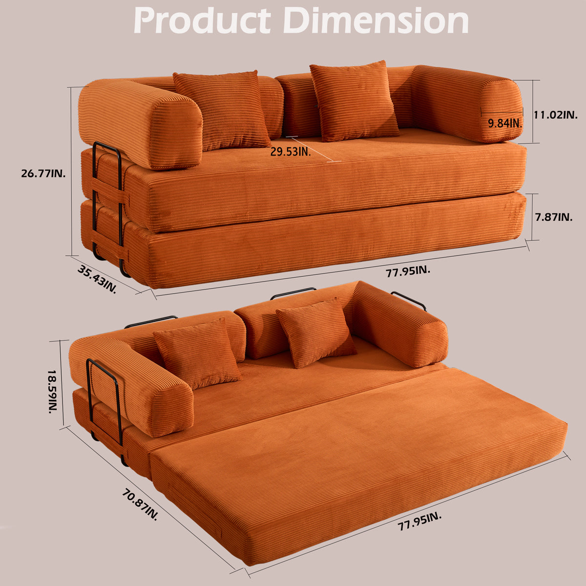 Convertible Sleeper Sofa Bed with Cylindrical Pillow, Corduroy Folding Mattress Couch with Fixed-Shape Frame, Floor Sofa Lounge Couch for Living Room Bedroom (Orange)